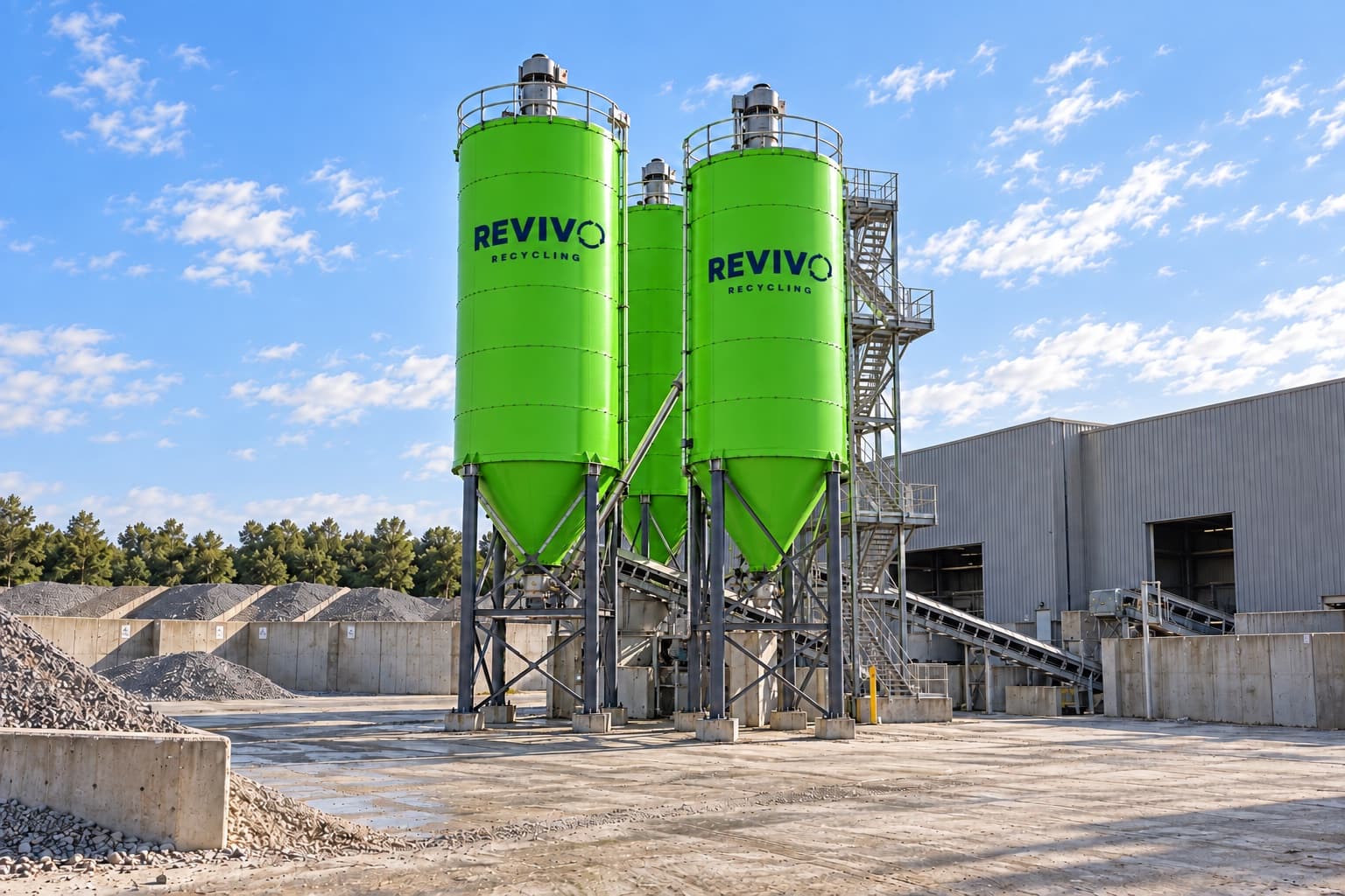Impressie van de Revivo-mengcentrale met de groene silo's