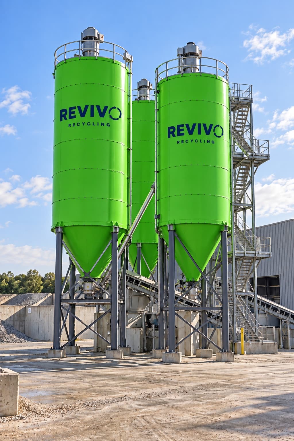 Impressie van de Revivo-mengcentrale: groene silo's met de transportbanden ernaast