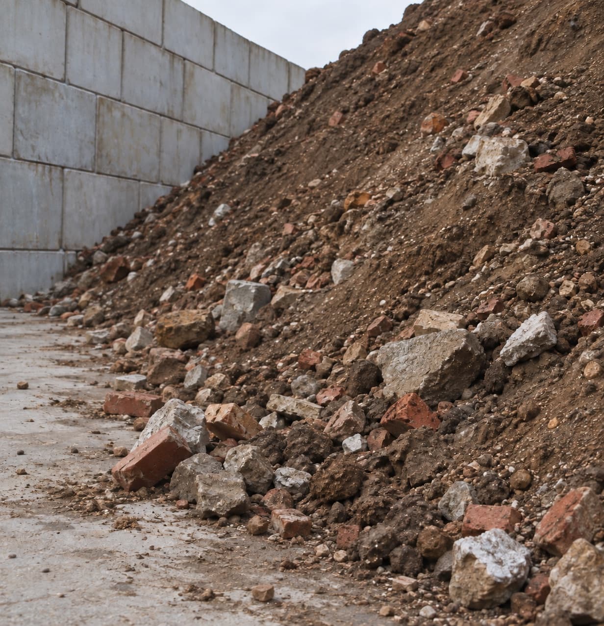 Grond met steenpuin tegen betonnen keerwanden